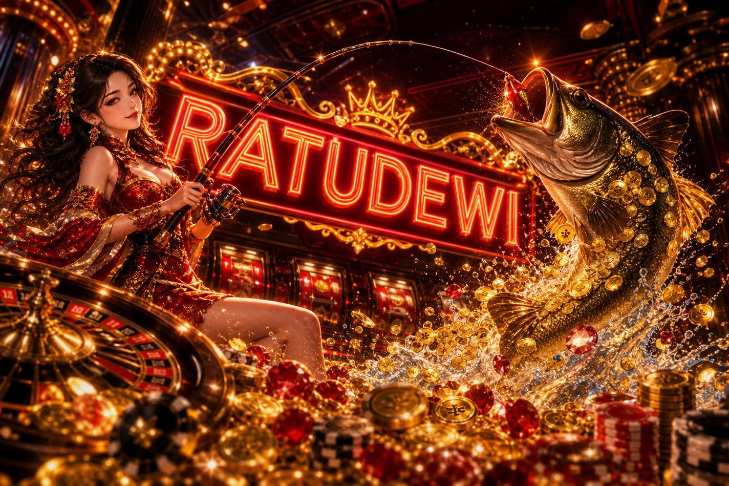 Tampilan tema permata Fortune Gems dengan kilau warna hijau dan emas di RATUDEWI