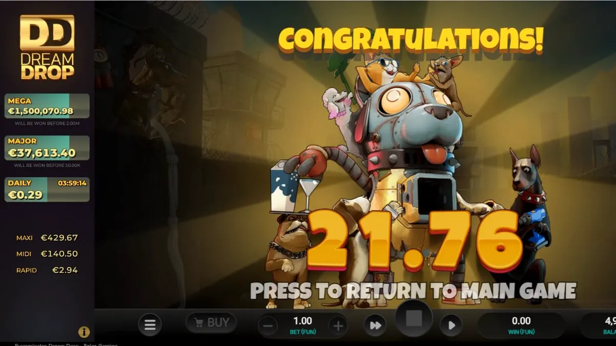 Tampilan visual slot Purrrminator Dream Drop dengan latar belakang gang distopia neon